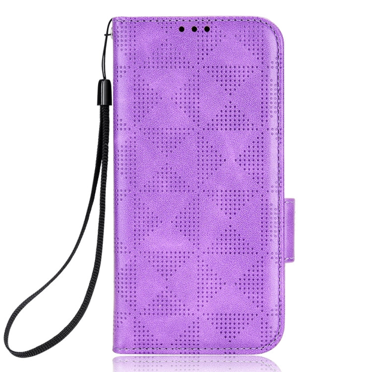 Purple leather folio phone case with symmetrical triangle embossing and wrist strap