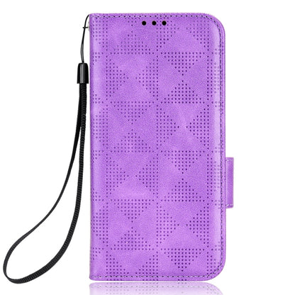 Purple leather folio phone case with symmetrical triangle embossing and wrist strap