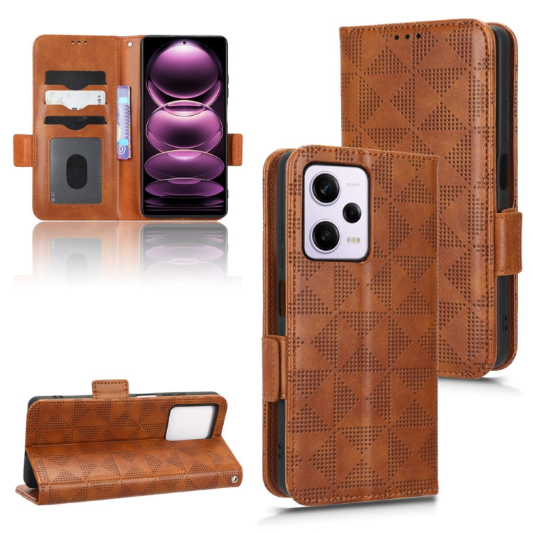 Brown leather folio phone case with symmetrical triangle embossed pattern and card slots