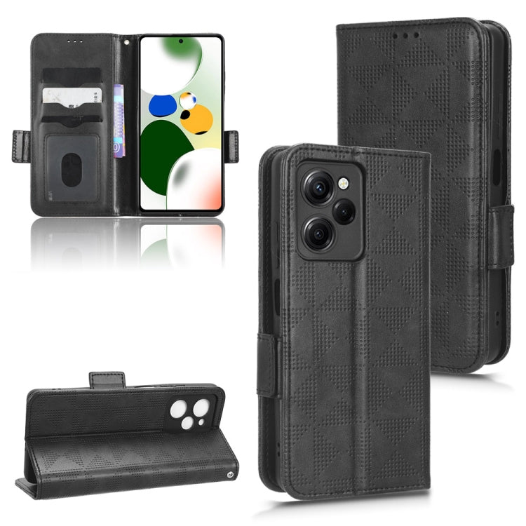 Black leather flip phone case with symmetrical triangle pattern and card slots
