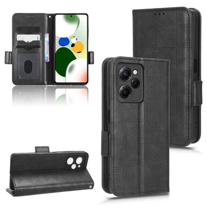 Black leather flip phone case with symmetrical triangle pattern and card slots
