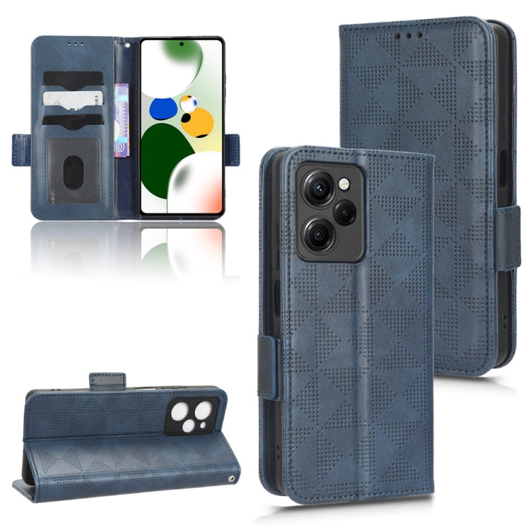 Blue leather folio phone case with symmetrical triangle texture and magnetic closure