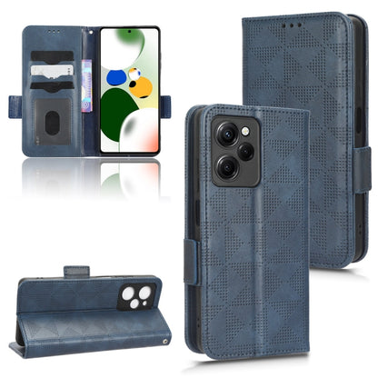Blue leather folio phone case with symmetrical triangle texture and magnetic closure