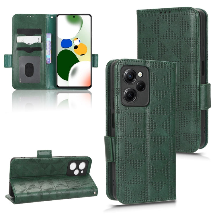 Green leather folio phone case with symmetrical triangle texture and magnetic closure