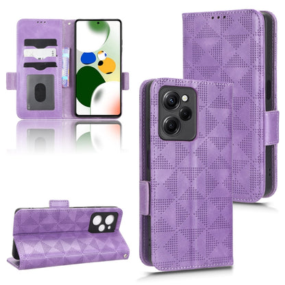 Purple leather folio phone case with symmetrical triangle texture and magnetic closure
