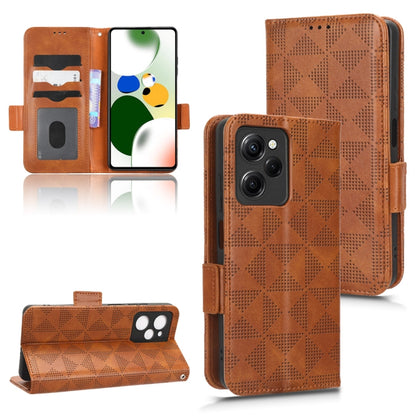 Brown leather folio phone case with symmetrical triangle texture and magnetic closure