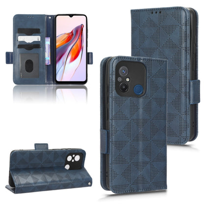 Blue leather folio phone case with symmetrical triangle texture and magnetic closure
