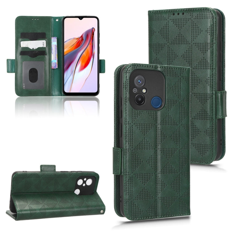 Green leather folio phone case with symmetrical triangle texture and magnetic closure