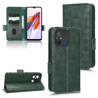 Green leather folio phone case with symmetrical triangle texture and magnetic closure