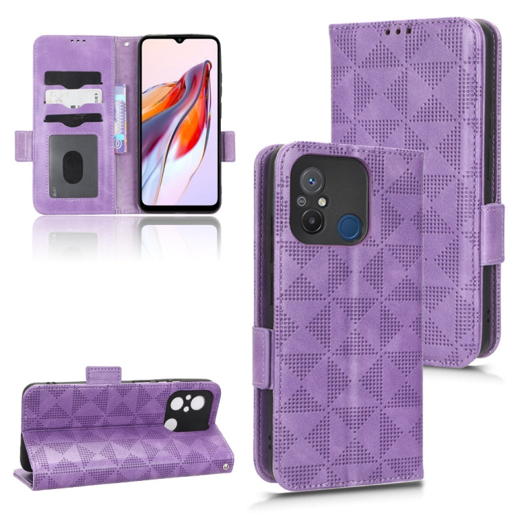 Purple leather folio phone case with symmetrical triangle texture and magnetic closure