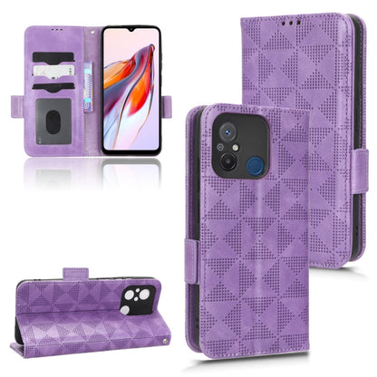 Purple leather folio phone case with symmetrical triangle texture and magnetic closure