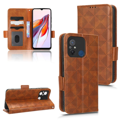 Brown leather folio phone case with symmetrical triangle texture and magnetic closure