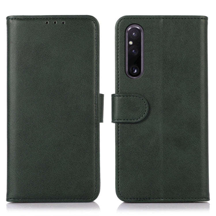 Green cow-texture leather folio phone case with flip cover and vertical camera opening