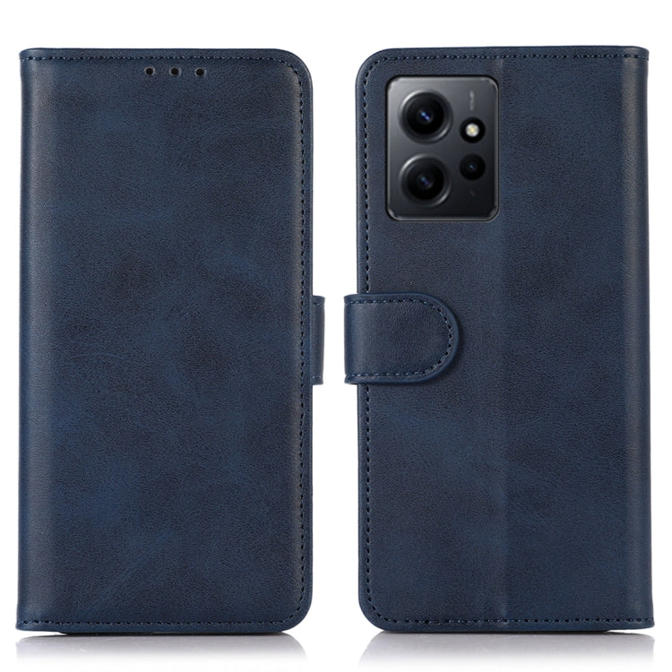 Blue cow-texture leather folio phone case with flip cover and camera cutout
