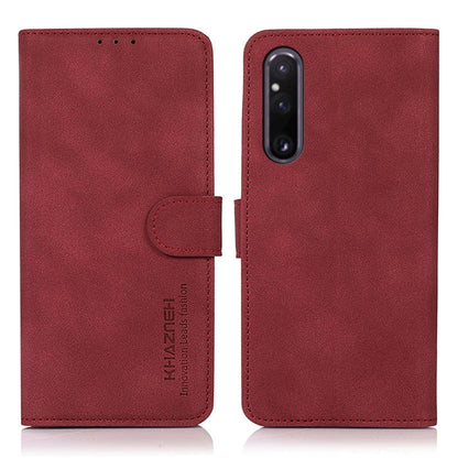 Red matte texture leather phone case with folio flap and magnetic strap, two views.