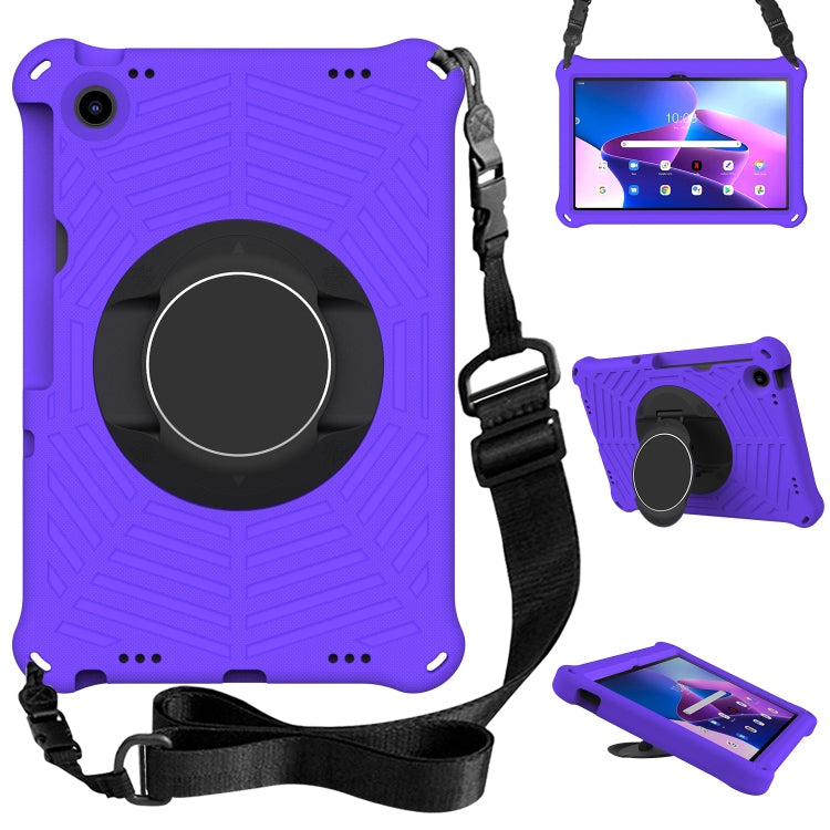 Purple silicone tablet case with circular kickstand and shoulder strap, front and back views