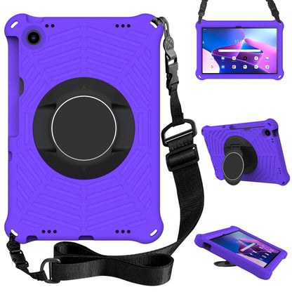 Purple silicone tablet case with circular kickstand and shoulder strap, front and back views