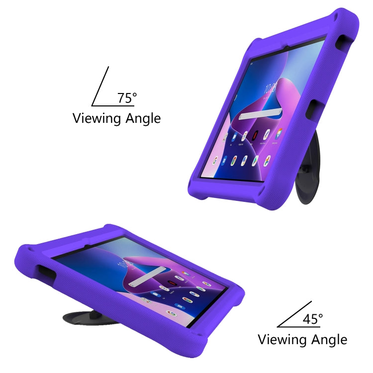 Purple silicone tablet case angled with built-in stand for landscape viewing