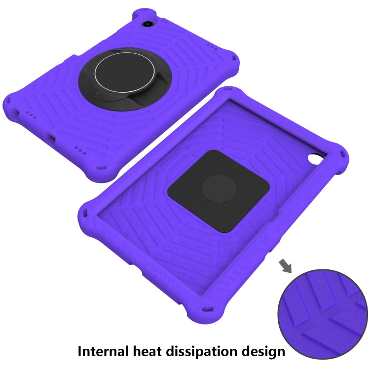 Purple silicone tablet case with circular camera ring and textured heat-dissipation back