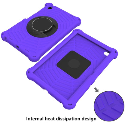 Purple silicone tablet case with circular camera ring and textured heat-dissipation back