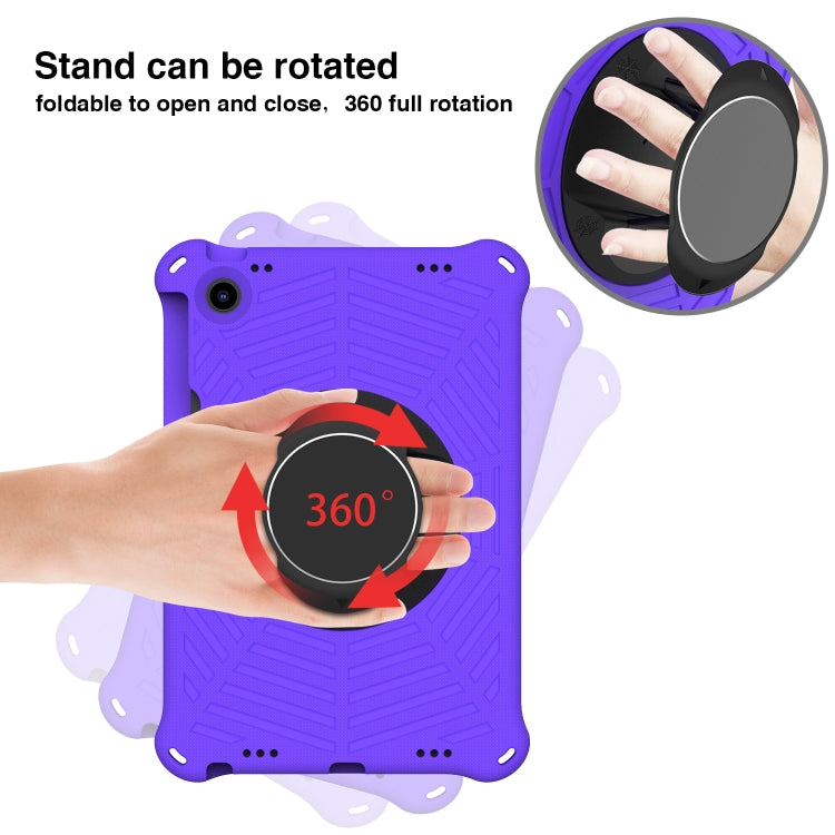 Purple silicone tablet case with 360-degree rotating circular stand and hand grip