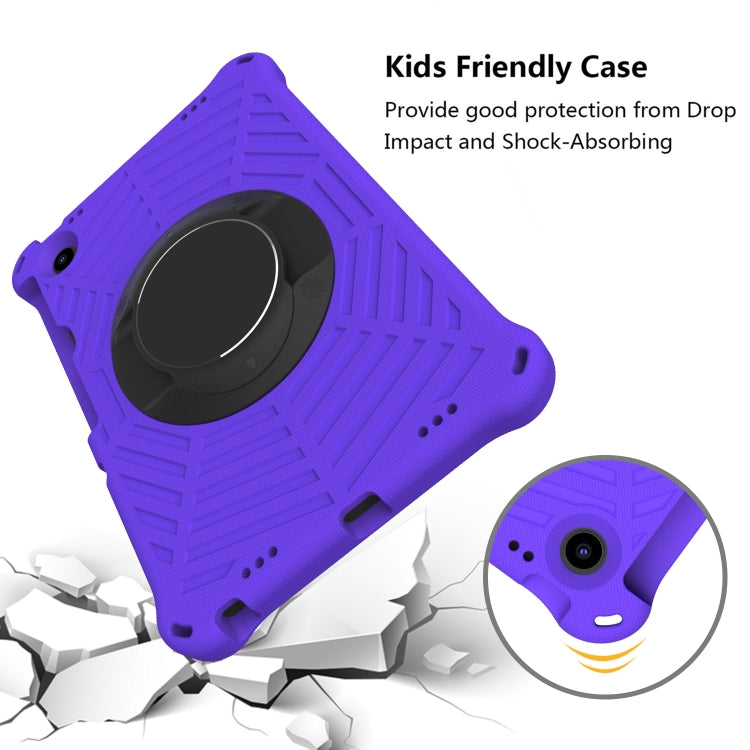 Purple silicone tablet case with circular stand, kid-friendly drop protection look