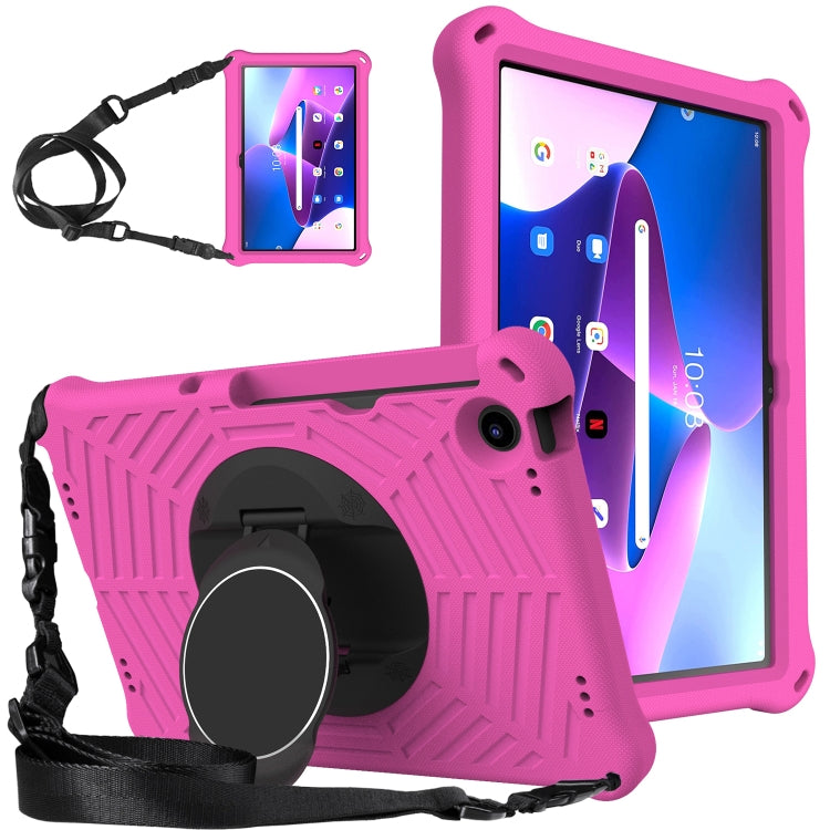 Purple silicone tablet case with rotating hand strap and kickstand, shoulder strap included
