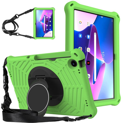 Green silicone tablet case with rotating hand strap and kickstand, adjustable shoulder strap
