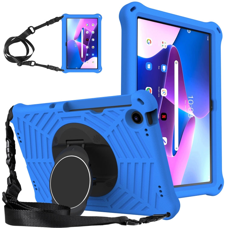 Blue silicone tablet case with rotating hand strap and kickstand, adjustable shoulder strap