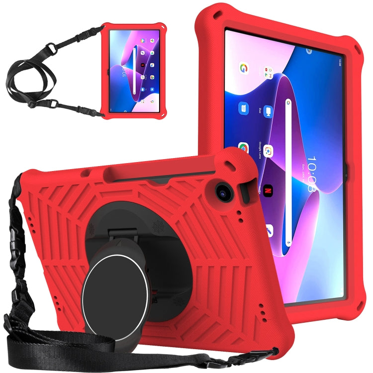 Red silicone tablet case with rotating hand strap and kickstand, adjustable shoulder strap