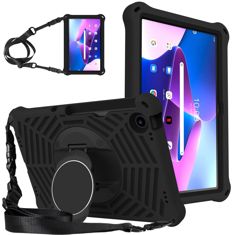 Black silicone protective tablet case with adjustable shoulder strap and rotating kickstand