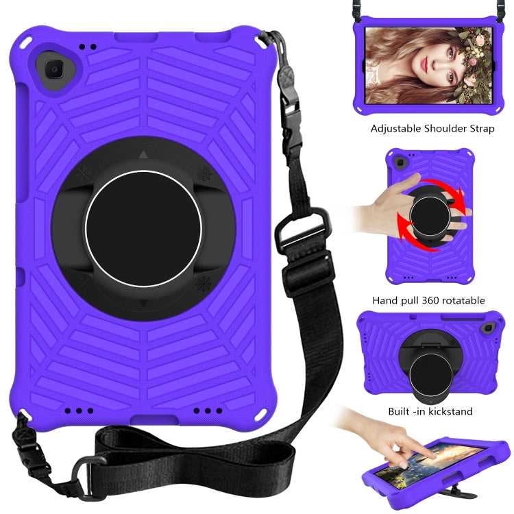 Purple silicone tablet case with adjustable shoulder strap and rotating circular stand