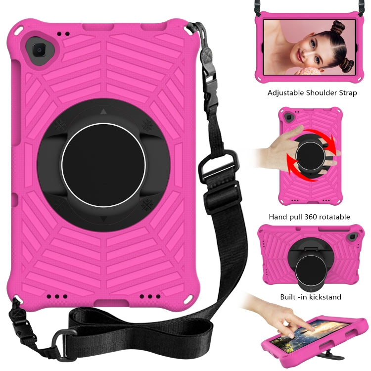 Purple rugged tablet case with circular grip, adjustable shoulder strap and kickstand