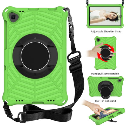 Green rugged tablet case with circular grip, adjustable shoulder strap and kickstand