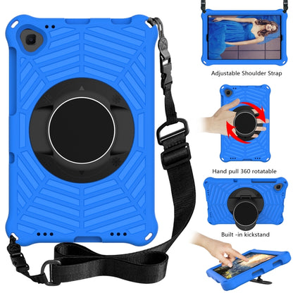 Blue rugged tablet case with circular grip, adjustable shoulder strap and kickstand