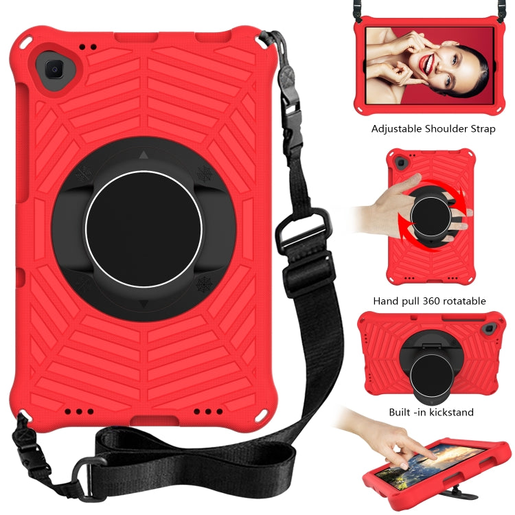 Red silicone protective tablet case with rotating kickstand and adjustable shoulder strap