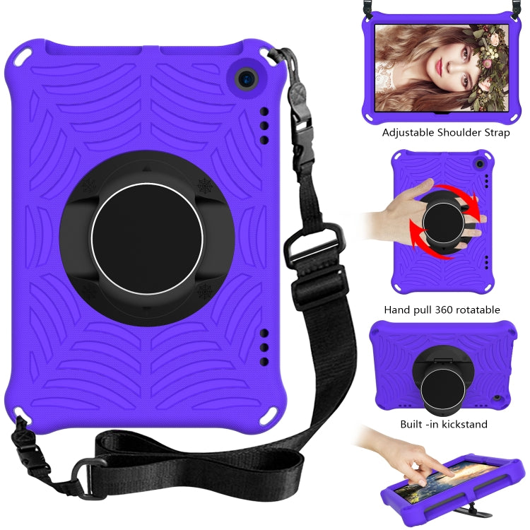 Purple silicone tablet case with kickstand and adjustable shoulder strap, close-up front view