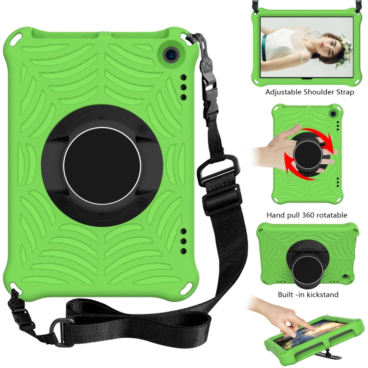 Green silicone tablet case with circular grip, shoulder strap and kickstand
