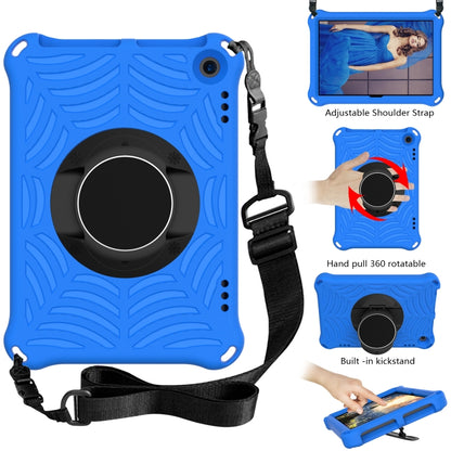 Blue silicone tablet case with circular grip, shoulder strap and kickstand