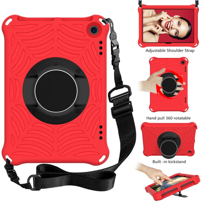 Red silicone tablet case with rotating kickstand, hand strap, and adjustable shoulder strap