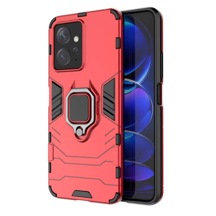 Red magnetic ring phone case with rugged armor design and raised camera protection