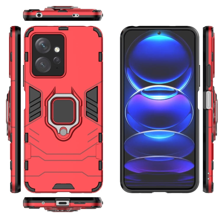 Red rugged phone case with magnetic ring holder; front and back views