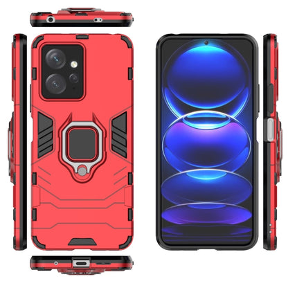 Red rugged phone case with magnetic ring holder; front and back views