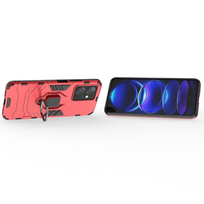 Rugged phone case with magnetic ring holder; red back with side cutouts