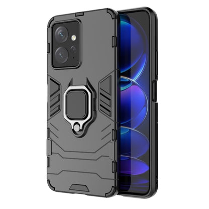 Gray magnetic ring phone case with rugged armor design and raised camera protection
