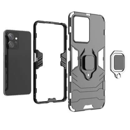 Gray magnetic ring phone case with magnetic ring accessory; open front and back