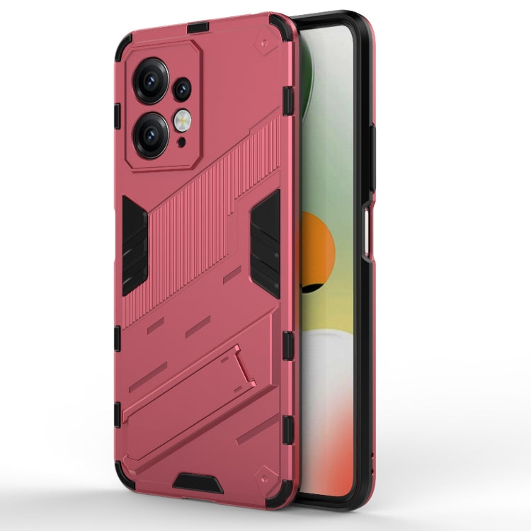 Rose red rugged phone case with black accents and camera cutouts for shock protection.