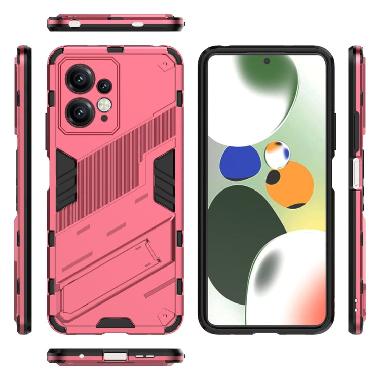 Rugged rose red phone case showing front and back views, with raised edge protection.
