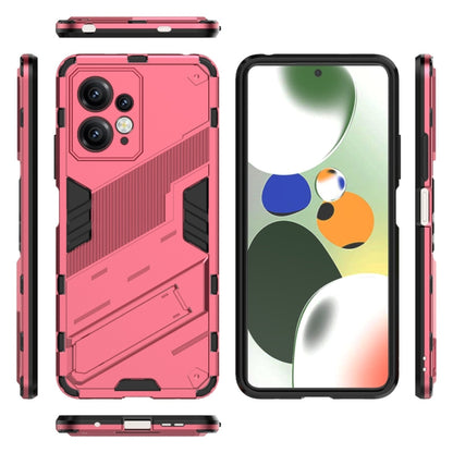 Rugged rose red phone case showing front and back views, with raised edge protection.