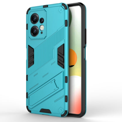 Blue rugged phone case with black accents and textured armor-style design for protection.